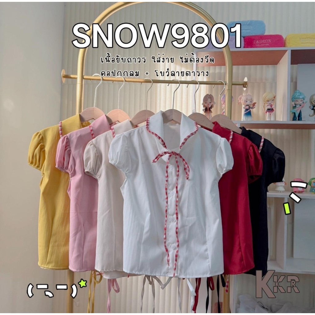 KKR SNOW9801 เสื้อลำลอง คอปกกลม โบว์ลายตาราง เพิ่มความหวานแบบวินเทจ มีสินค้าพร้อมส่งทันที