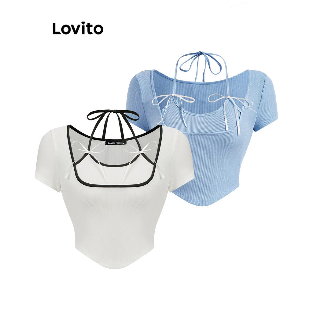 Lovito 2in1 เสื้อยืด ประดับโบว์ น่ารัก สําหรับผู้หญิง LBA82044(หลากสี)