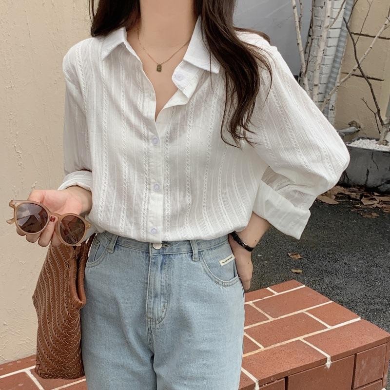 S-XL เสื้อเชิ้ตทรงหลวมลำลองผู้หญิงแขนยาวเสื้อเชิ้ตลายทางเรียบง่ายอ่อนโยน