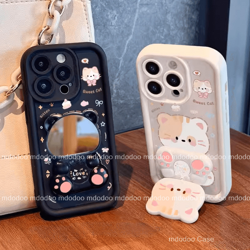 เคส For Samsung Galaxy S25 S24 S23 Ultra S22 S20 FE S21 Plus 5G A7 2018 A71 4G A05S A05 A03 Core A10 M10 A02S A02S J7 Prime J6 J4 J2 ins Trendy Cute kitten Cat Makeup Mirror Cartoon Support Anti-fall Fine Hole Soft Phone Case Cover JT 89