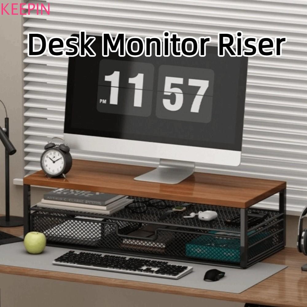 KEEPIN ขาตั้งจอคอมพิวเตอร์, การออกแบบ 2 ชั้นพร้อมลิ้นชักโต๊ะ Monitor Riser, ตาข่ายโลหะโมเดิร์นกันสนิมอเนกประสงค์แล็ปท็อปชั้นเก็บคอมพิวเตอร์สํานั