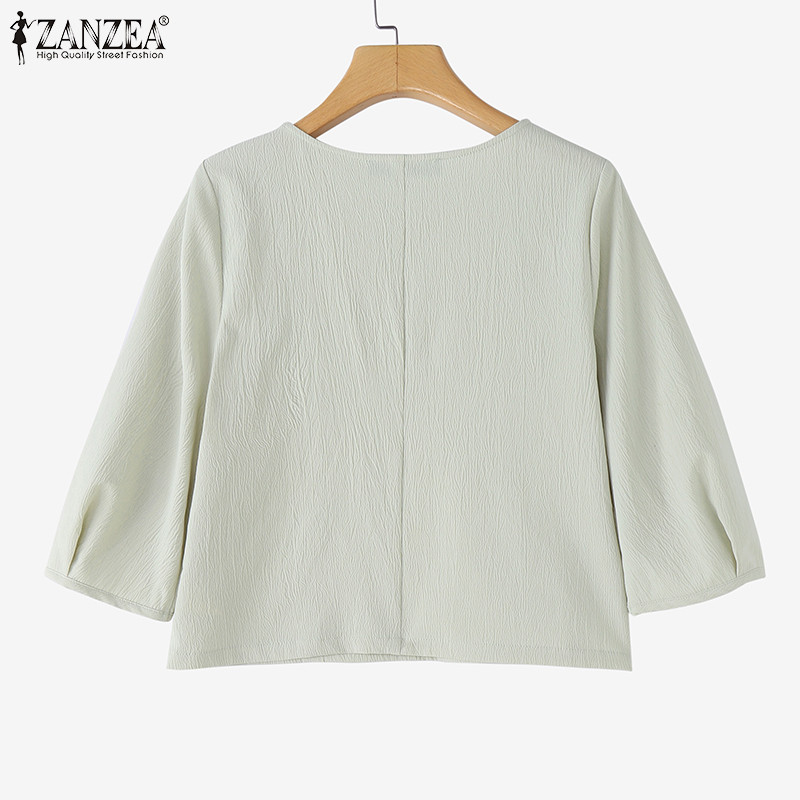 ZANZEA เบลาส์สำหรับผู้หญิง สไตล์เกาหลี แขน3/4 คอกลม สีพื้น — صورة 8