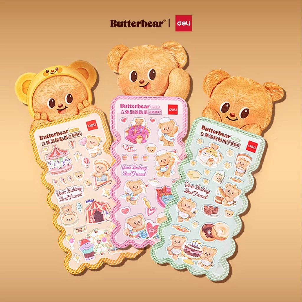 (Butterbear x Deli) สติกเกอร์ สติกเกอร์แผ่น สติกเกอร์หมีเนย บัตเตอร์แบร์ (คละสี/ลาย 3 สี)