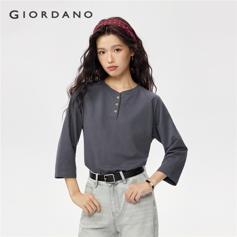 GIORDANO WOMEN 100% Cotton henley neck 3/4 sleeve sweat tee 13325771