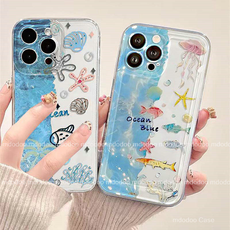 เคส For iPhone 16 Pro Max 15 14 13 Plus 12 Mini 11 Xs X ProMax 16Pro 15Pro 14Pro 14Promax 13Promax 11Promax 12Promax Blue Underwater World Jellyfish Starfish Shells Fish School Transparent Back Cover Ins Crystal Star Strap Soft Phone Case TM 64