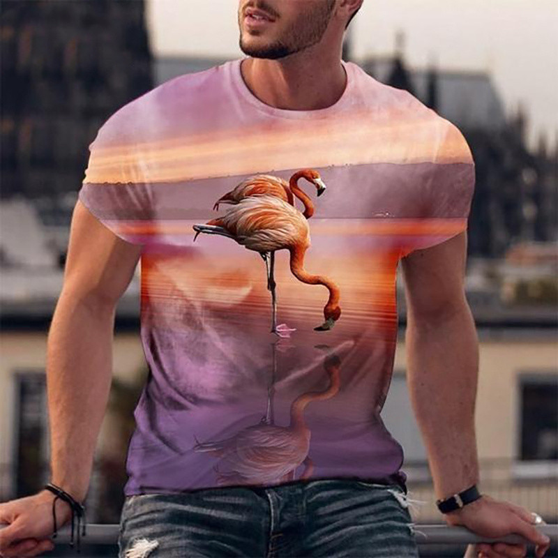 เสื้อยืดผู้ชาย.Flamingo 3D พิมพ์.Streetwear ทรงO-คออารมณ์สบายในซัมเมอร์