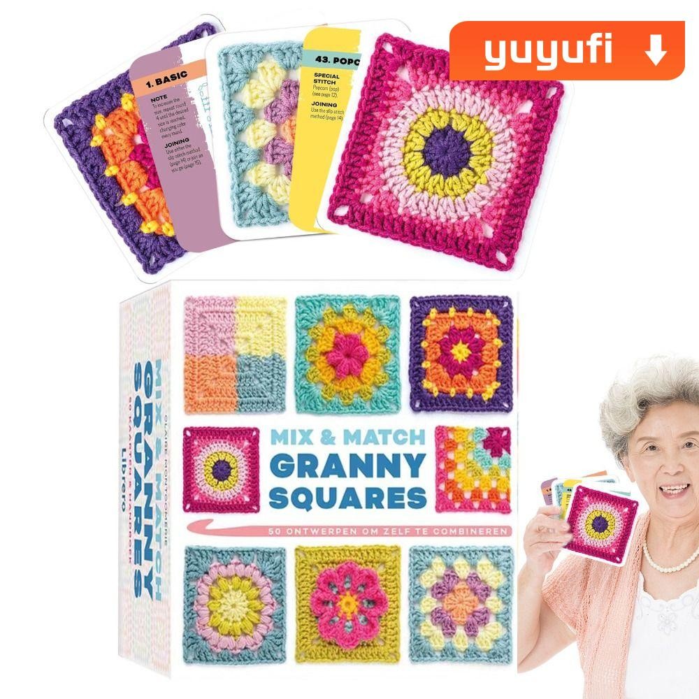 Yuyufi ชุดการ์ดลายถัก,ห่อเชือกถัก Granny Square Card Deck,อุปกรณ์เย็บผ้า DIY Mix Match Designs 50 การ์ดชุดถักสําหรับผู้ใหญ่