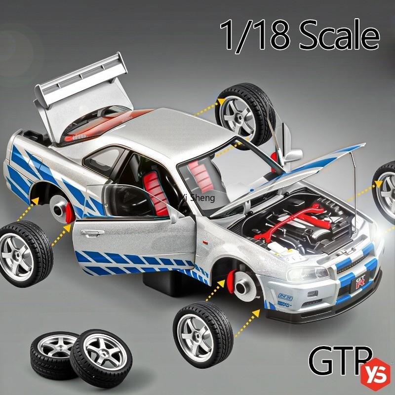1:18 Scale ขนาดใหญ่ Nissan GTR R34 โลหะของเล่นรถรุ่นรถ Diecast ยานพาหนะงานอดิเรกคอลเลกชันตกแต่ง
