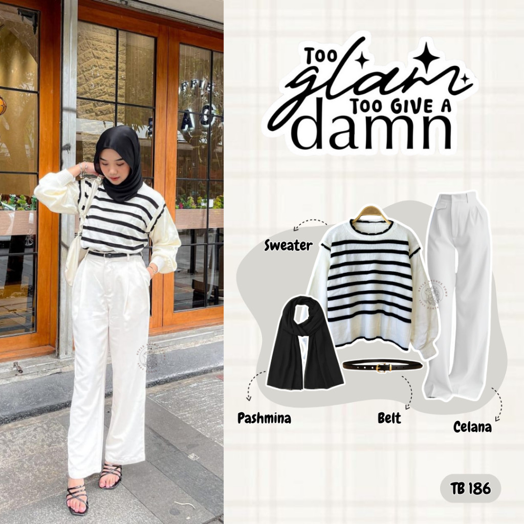 DF Set >>> 4 In 1 One Set Korean Style Contemporary (B BKK Sweater + Oro Pants + Pashmina + Belt) Hi