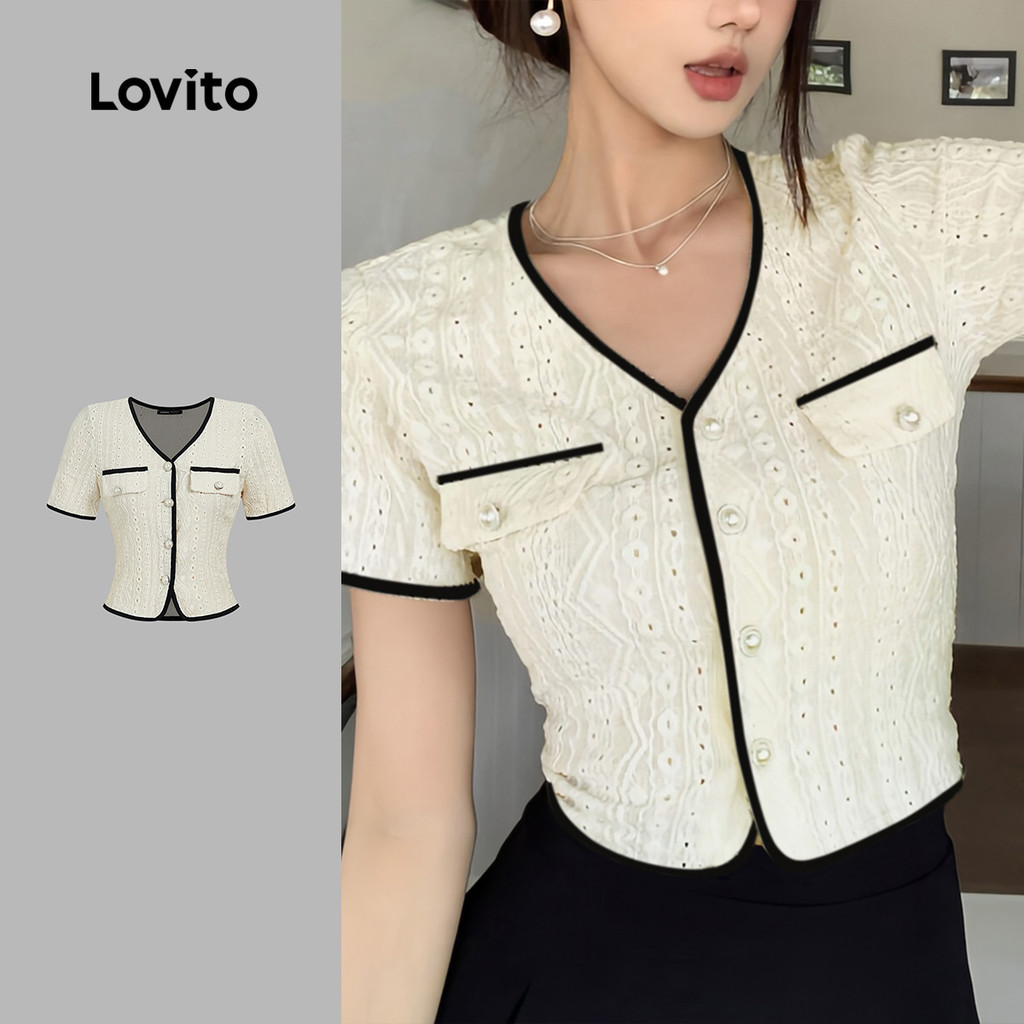 (สง่างาม) Lovito เสื้อคลุมอ่อนหวานประดับไข่มุก สุดหรูสำหรับฤดูใบไม้ผลิ/ฤดูร้อน เสื้อคลุมลูกพีชสำหรับผู้หญิง L143ED530
