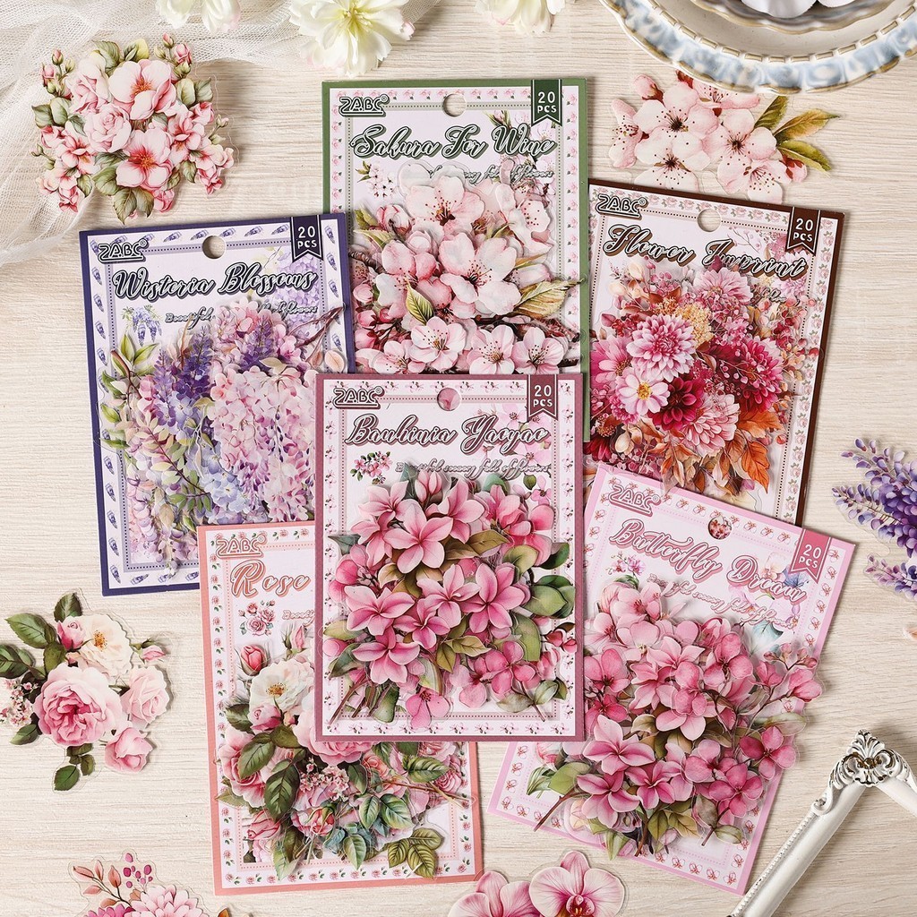 20 ชิ้นสีชมพูดอกไม้สติกเกอร์กันน้ําสําหรับ Scrapbooking โปร่งใสดอกไม้ Decals สําหรับ Journaling Planner การ์ดทําแล็ปท็อปแก้วตกแต่ง