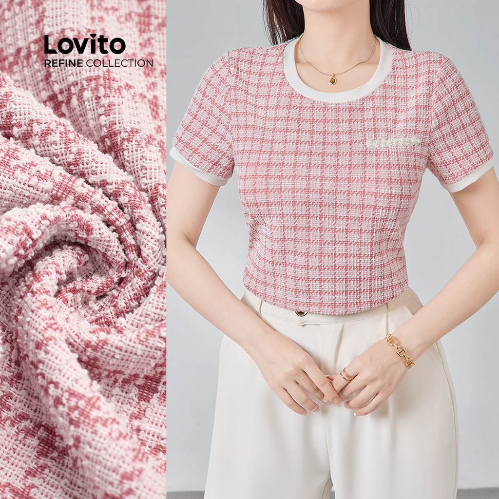 (สง่างาม) (Refine by Lovito) เสื้อเชิ้ตเรียบหรู สีบล็อก ผ้าทอ ปะตามมุขไข่มุก สไตล์ฤดูใบไม้ผลิ/ฤดูร้อน เสื้อเชิ้ตสีชมพู LR13E006