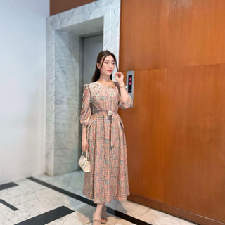 Gaun Lengan Panjang Model Balon | Gaun A-line Motif Cetak | Original By FADFAD | Unik Dengan Bentul Leher U | Gaya Korean | Gaun Elegan Trendy Nyaman Cocok untuk Acara Resmi atau Casual