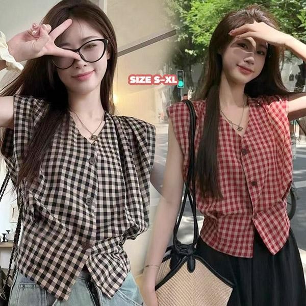 mimi&didi#เสื้อแขนกุดลายตารางหมากรุก, เสื้อเบลาส์คอปกทรงหลวมลำลองฤดูร้อน,แฟชั่น,สำหรับผู้หญิง#99167