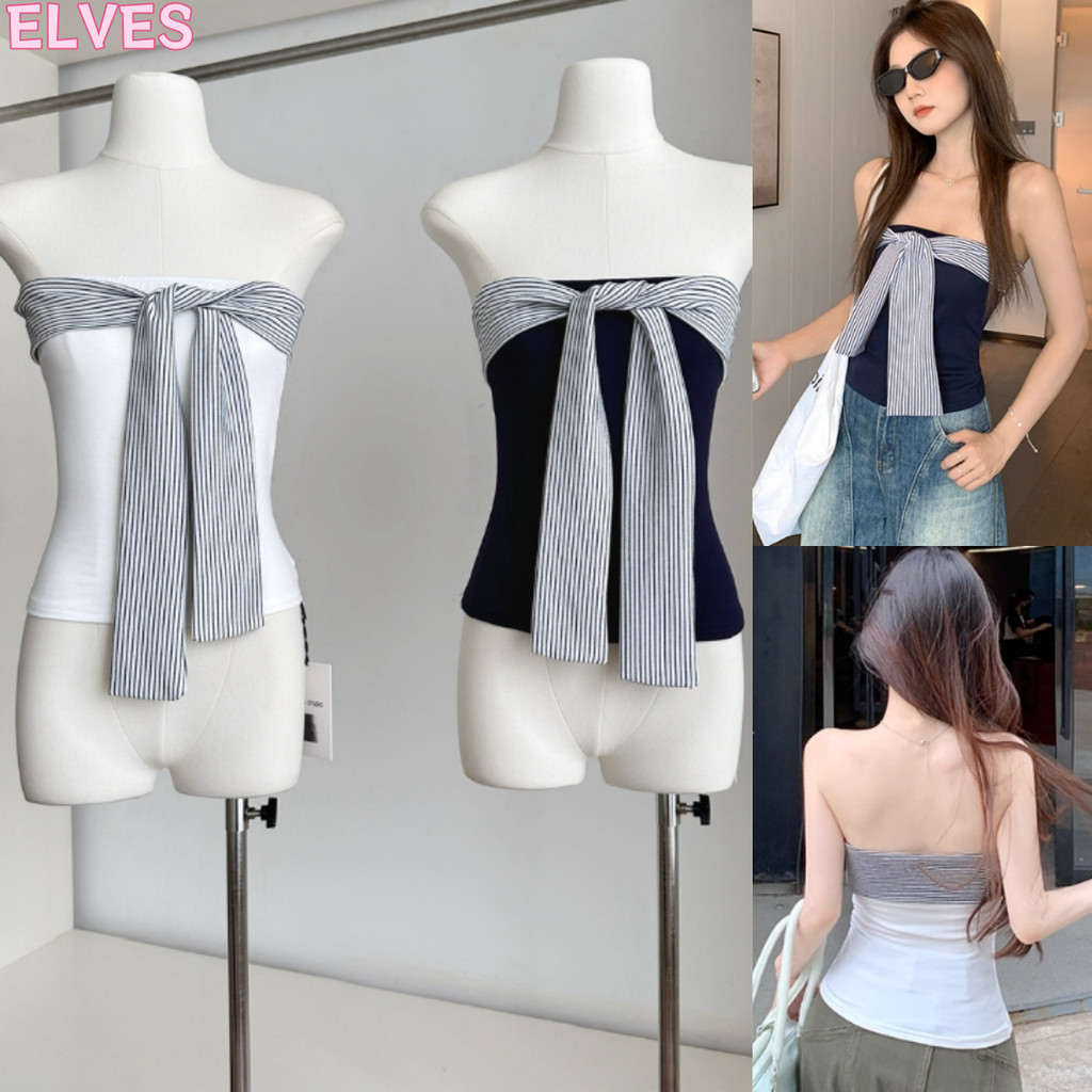Elves พร้อมส่ง💟เสื้อเกาะอกเสริมฟองน้ำสีพื้น เสื้อยืดแฟชั่นเกาหลี เสื้อผ้าแฟชั่นผู้หญิง ดีเทลแต้งโบว์ลายทาง(FY5561)