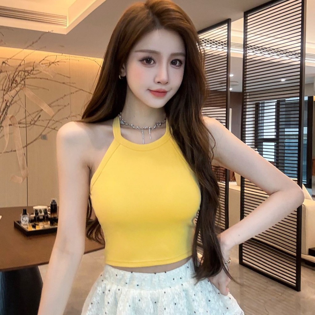 【WJZ】เสื้อกล้ามสีพื้นเซ็กซี่เปิดหลังสำหรับผู้หญิงเกาหลี (มีแผ่นเสริมหน้าอก)【L552】