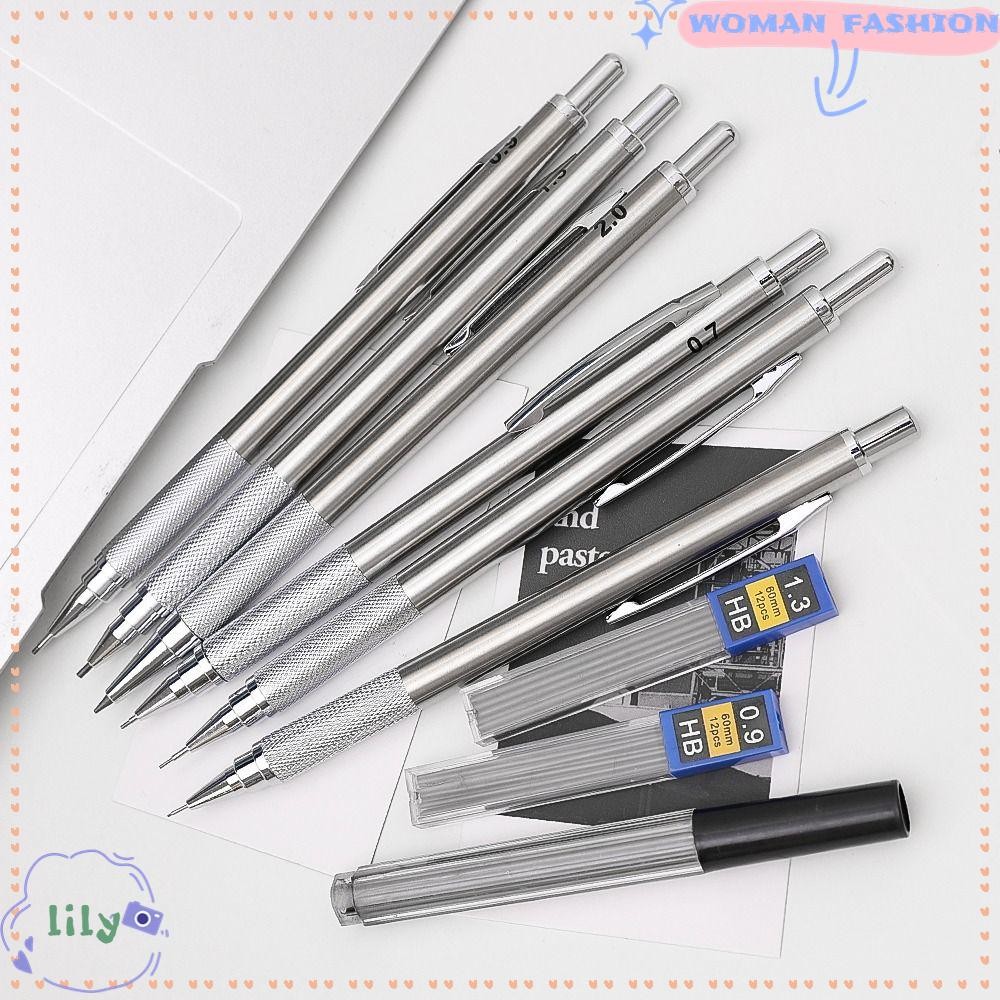 LILY ดินสออัตโนมัติ, Sketch Comics Design Drawing Writing Tool ดินสอกด, โลหะคุณภาพสูง 0.3/0.5/0.7/0.9/1.3/2.0/3.0MM Sketch ดินสอนักเรียน