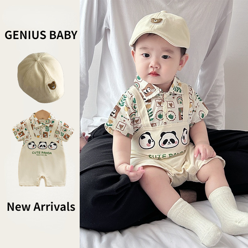 ฤดูร้อนใหม่เสื้อผ้าเด็กชายและหญิงแขนสั้นโปโลบอดี้สูทเด็กผ้าฝ้ายบางการ์ตูนแพนด้าหล่อประกบสไตล์เกาหลี ชุดรอมเปอร์