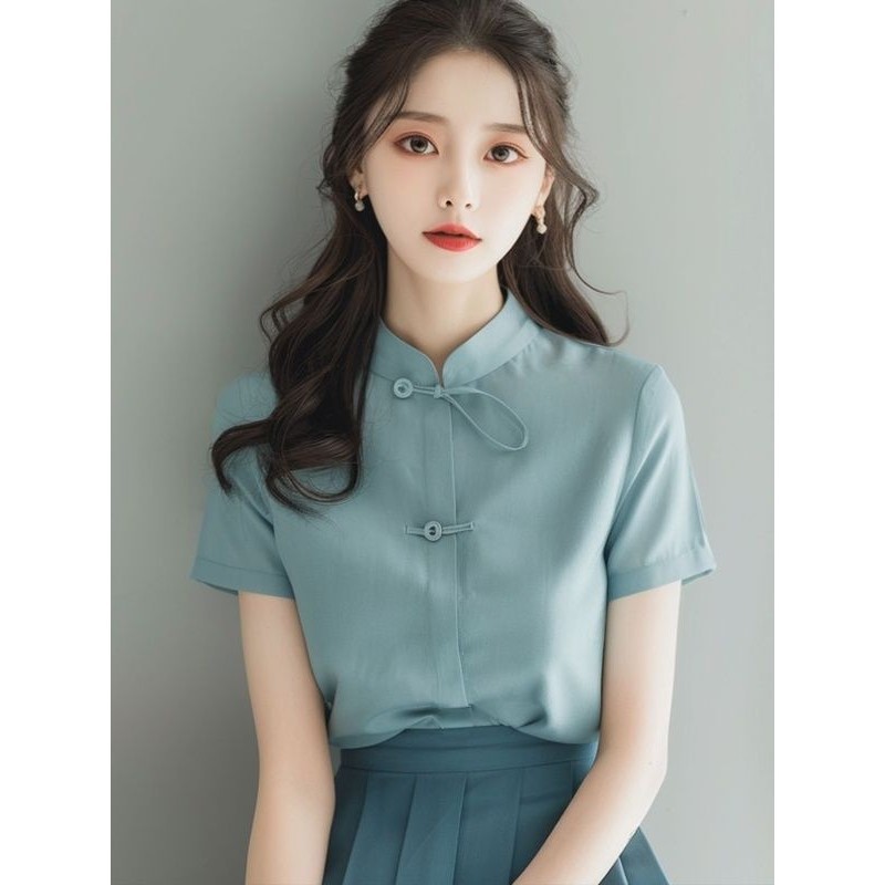 ใหม่สไตล์จีนสไตล์แห่งชาติติดกระดุมเสื้อสุภาพสตรีออกแบบ ซอก ฤดูร้อนสไตล์ใหม่เฉพาะยืนปกแขนสั้นด้านบน