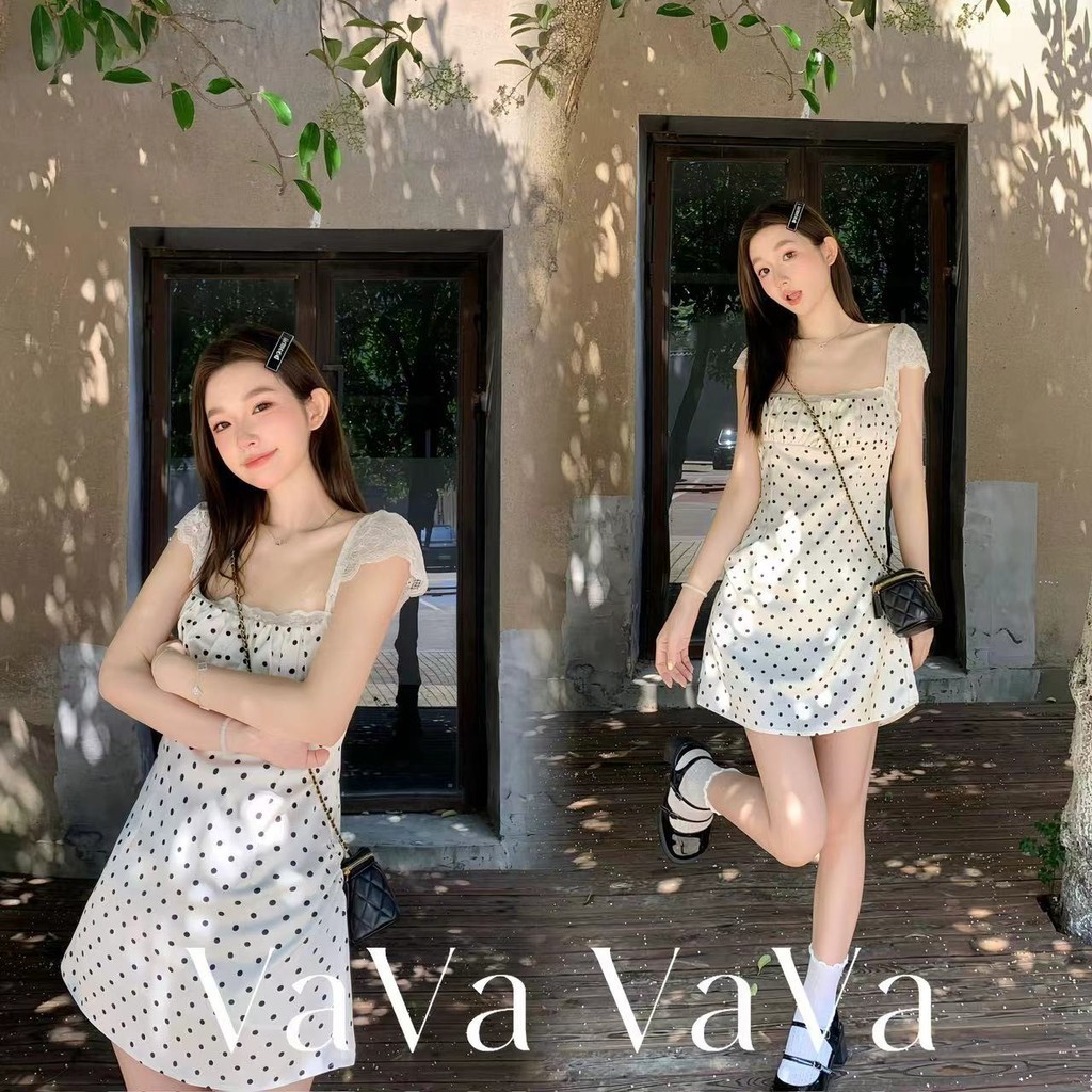 VaVa ไทยส่ง เดรสกระโปรงลายจุดสีขาวหวานลูกไม้ผ้าซาตินเอวบาง