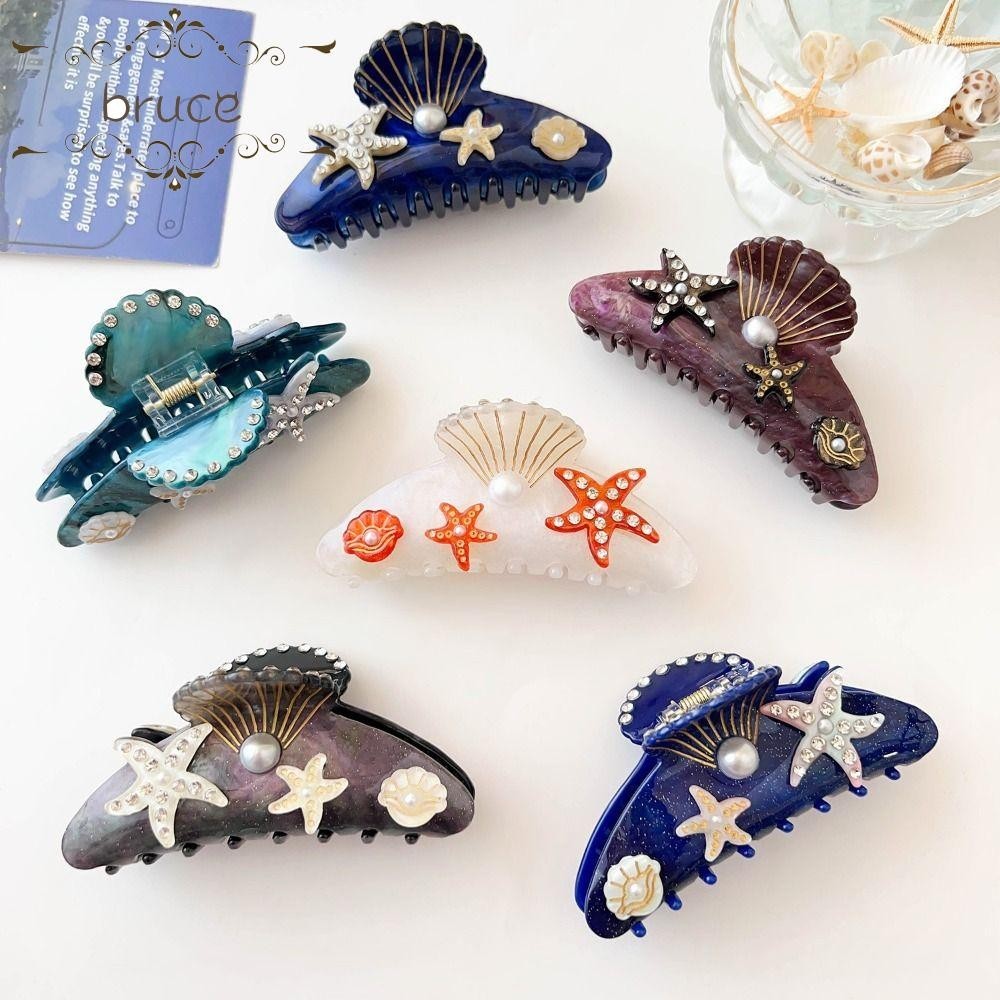 Bruce Ocean Shell ผมคว้า,ปลาดาวเพิร์ล Rhinestone ผม Claw,หวาน Shark คลิป Hairpin คลิปผมอะคริลิค Shark คลิปหญิง