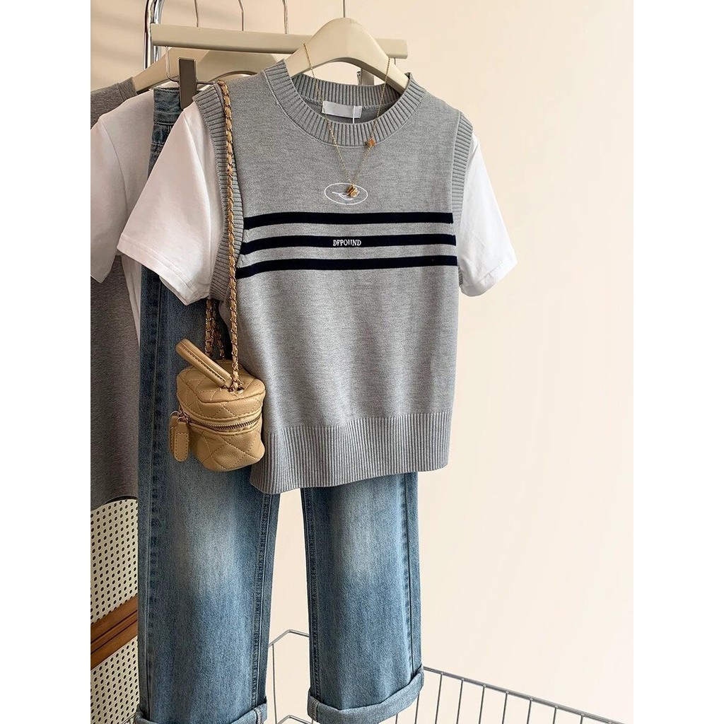 Gakki เสื้อไหมพรมแขนสั้น เสื้อยืดแขนสั้นปลอมสองชิ้นคอกลมผู้หญิง พร้อมส่ง 03065#