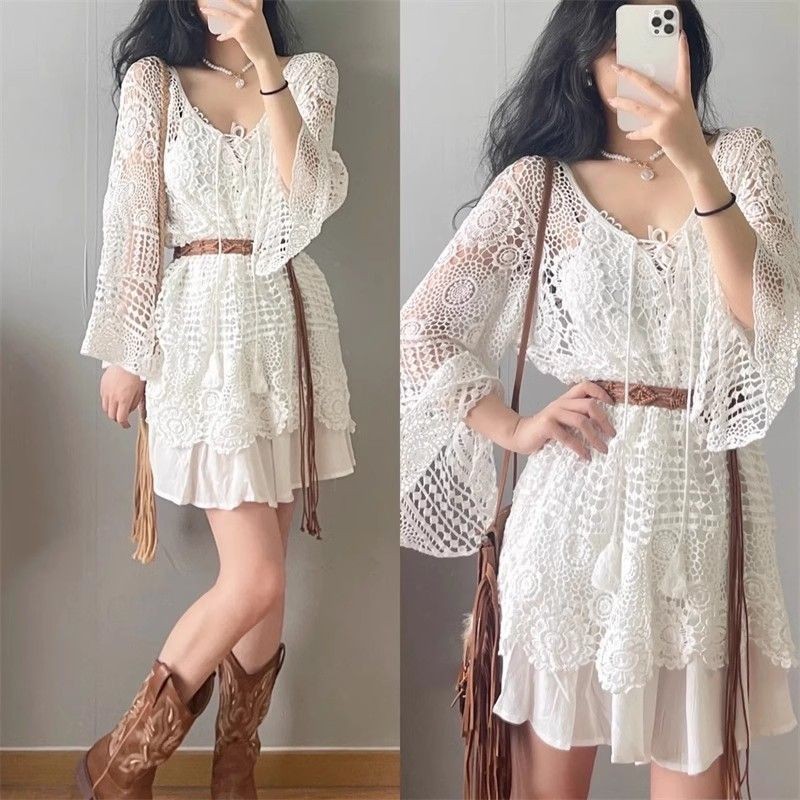 ชุดเดรส ชุดเดรส ชุดเดรส ประเทศไทยวันหยุดความยาวกลาง Hollow Flared Sleeve Lace Pullover Laced-Up โครเชต์หลวมน้ําพุร้อนเสื้อถักด้านนอก