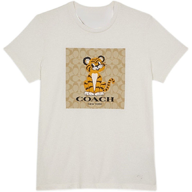 Coach เสื้อยืดแขนสั้น ผ้าฝ้าย ลายการ์ตูนเสือ สีขาว สีขาว รัดรูป หนาๆ ชุดปกติ เสื้อกีฬา