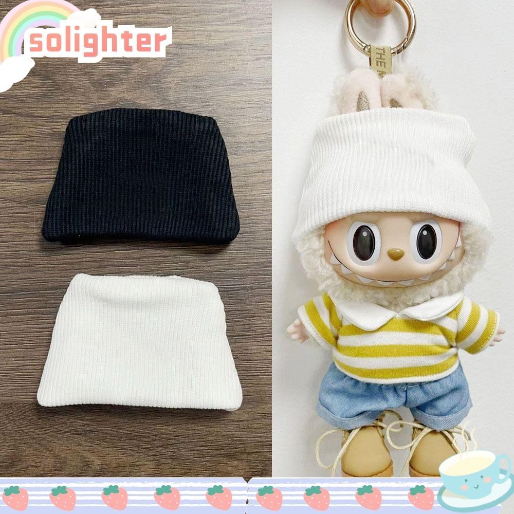 Solighter Labubu หมวกถัก, การ์ตูน Handmade Labubu หมวก, แฟชั่นสีขาวสีดําตุ๊กตาเสื้อผ้าอุปกรณ์เสริมสําหรับ 17 ซม. Labubu ตุ๊กตา