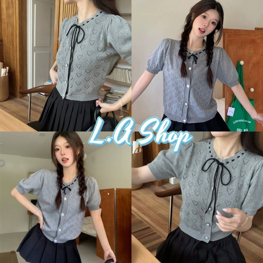 L.A Shop​-​พร้อมส่ง เสื้อไหมพรมแขนสั้น คอกลม คาวาอี้ ถักลายหัวใจสีพื้น "56183"
