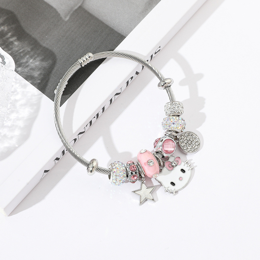 การ์ตูน Sanrio KT Kuromi Cinnamoroll สร้อยข้อมือสําหรับเด็กผู้หญิงน่ารักเปิดสร้อยข้อมือลูกปัดของขวัญเครื่องประดับ
