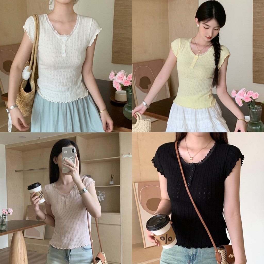 Evelyn เสื้อยืดผู้หญิง แต่งลูกไม้ กระดุมหน้า ลายดอกไม้ ผ้าถัก ขอบหยัก คอกลม แขนสั้น เข้ารูป สไตล์ลำลอง #Y0105