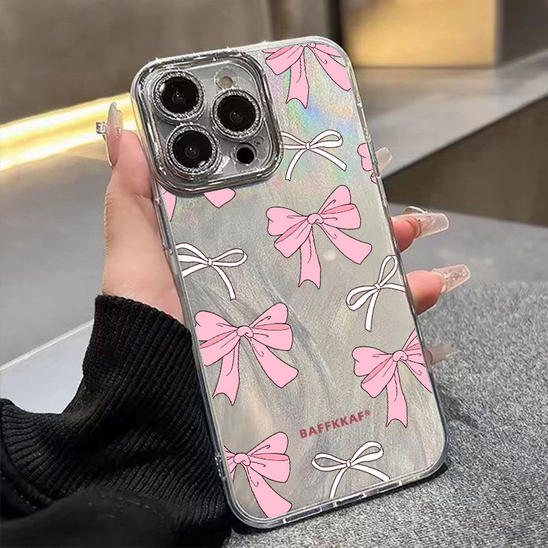 สีชมพู Bowknot IMD เคสโทรศัพท์สําหรับ IPhone 11 12 13 15 14 Pro XS Max X XR 8 7 Plus Hard ปลอกกันกระแทกฝาครอบเซลล์กล้อง Pretection Protector