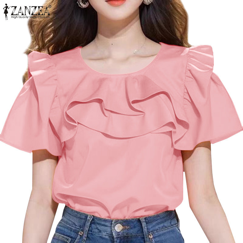 Zanzea เสื้อเบลาส์คอกลมแขนสั้นสไตล์เกาหลีสําหรับผู้หญิง