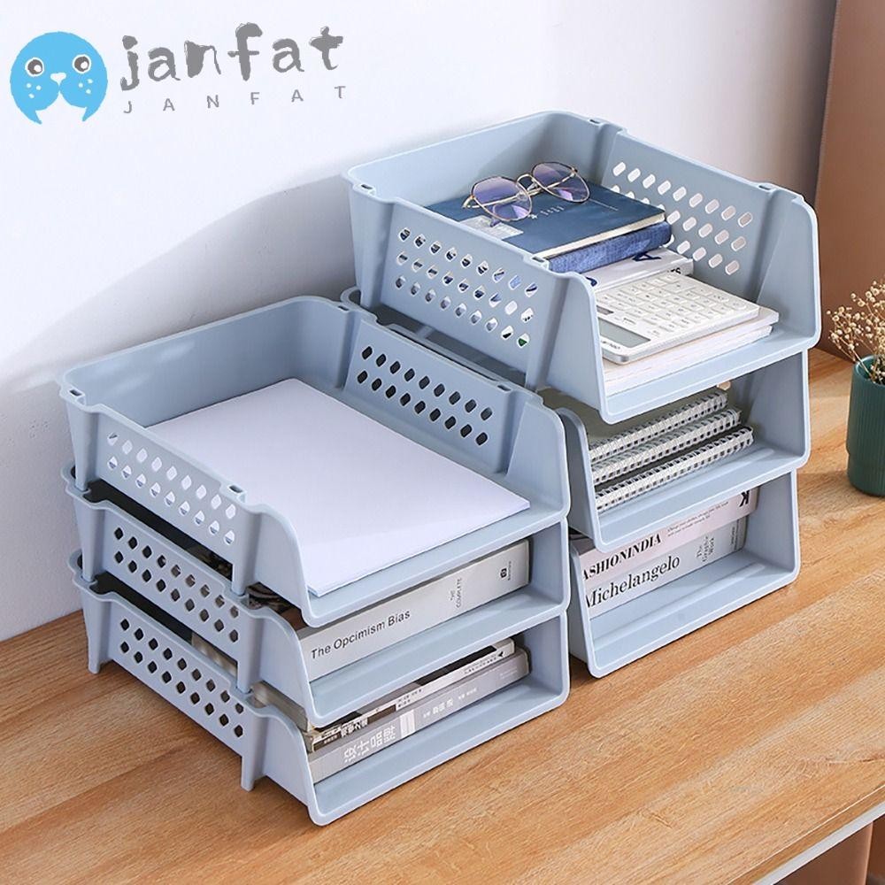 Janfat ที่วางถาดเอกสาร, ชั้นวางแฟ้มพลาสติกในครัวเรือน, ที่เก็บกระดาษชั้นวางซ้อนกันได้ที่เรียบง่าย Home & Office