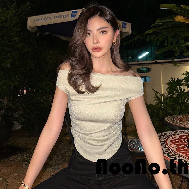 Aooao-เสื้อยืดสตรีเมทัลลิกสลิมกลิตเตอร์ปิดไหล่แขนสั้นอสมมาตร