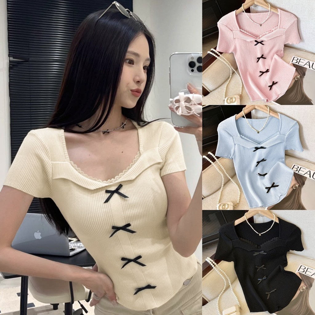 SuySuy พร้อมส่ง เสื้อยืด ผ้าร่อง แขนสั้น คอเหลี่ยมแต่งคอลูกไม้ สีพื้น แต่งโบว์น่ารักๆ ผ้าใส่สบายยืดได้เยอะ แฟชั่นผู้หญิง