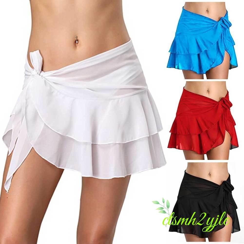 ผู้หญิงกระโปรงชายหาดสีทึบชีฟองบิกินี่กระโปรงผ้าพันคอ Sarong ชุดว่ายน้ำชุดว่ายน้ำ