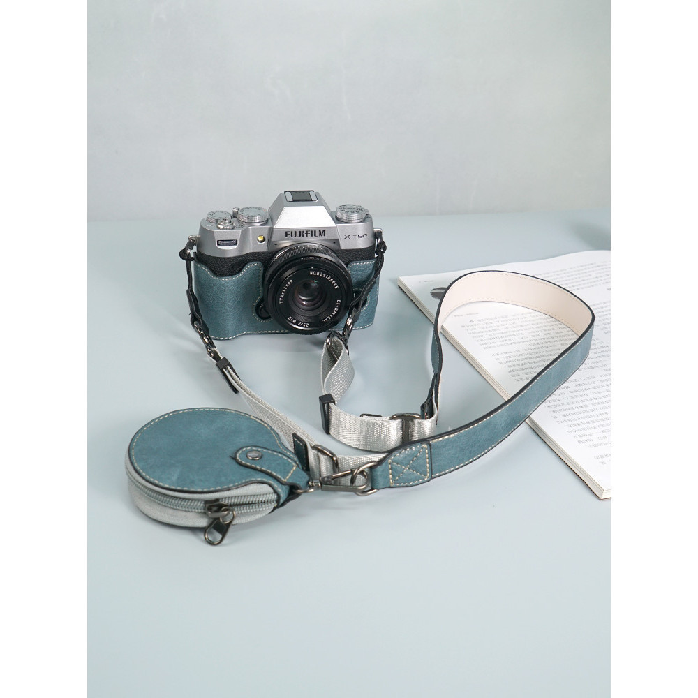 หนัง PU Fujifilm X-T50 ฐานกระเป๋าครึ่งฝาครอบหนังแท้สําหรับ Fuji XT50 ปลอกกล้องพร้อมสายรัด
