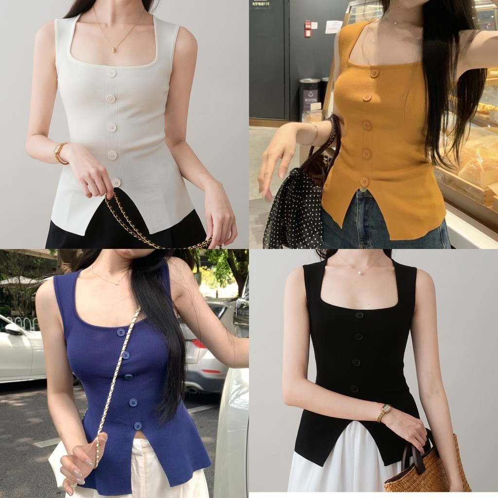 🥭Evelyn🥭​เสื้อกล้ามไหมพรม น่ารักคิคุ แต่งกระดุม สีพื้นยืดตามตัว ใส่ง่าย เสื้อผ้าผู้หญิง เสื้อแขนกุด ทรงสวย#Z31