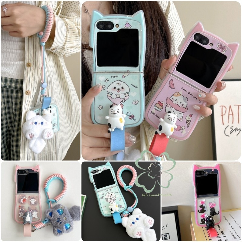 แมวน่ารักขอบหูเคสใสนุ่ม Samsung Galaxy Z Flip 6 Z Flip 5 Z Flip 4 Z Flip 3 Casing Bracelet Lanyard Cartoon Pattern Link Buckle กันกระแทก Z Flip6 Flip5