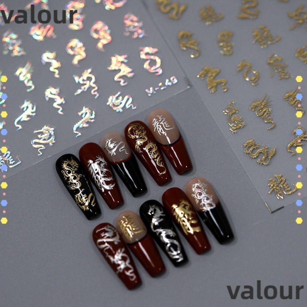 Valour สติกเกอร์ติดเล็บ ลายมังกร สีทอง สีเงิน มีกาวในตัว สําหรับตกแต่งเล็บ DIY