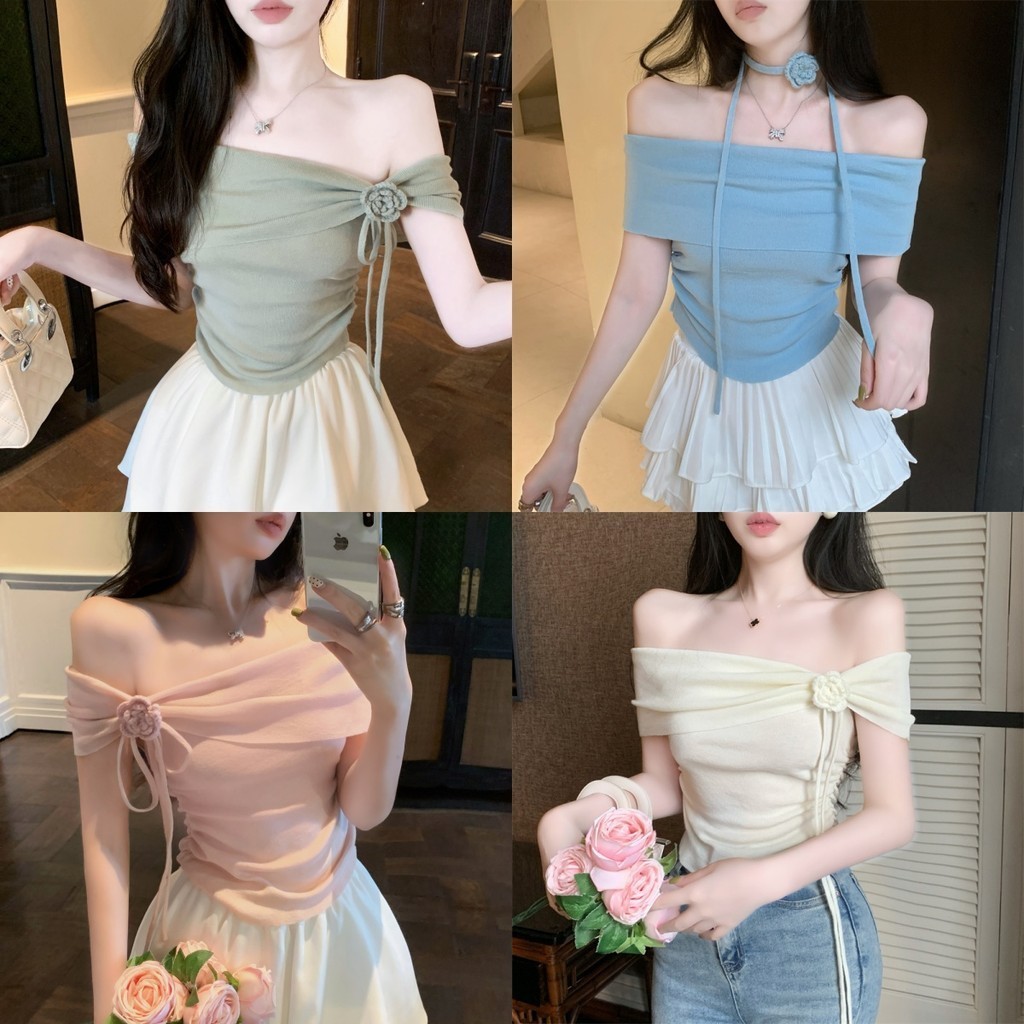 Bonnie​ เปิดไหมพรมเปิดไหล่ แขนสั้น หลากสี เซ็กซี่ เสื้อปาดไหล่ข้างเดียว หญิง ผ้านิ่มใส่สบายน่ารักมาก ทรงสวย#S004