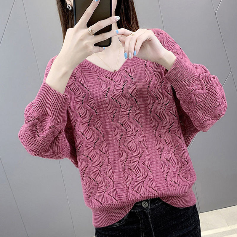 เสื้อสเวตเตอร์คอวีบางกลวงฤดูใบไม้ผลิฤดูใบไม้ร่วงสไตล์ใหม่เวอร์ชั่นเกาหลีทุกการแข่งขันสวมใส่ด้านนอกหลวมด้านบนผู้หญิง
