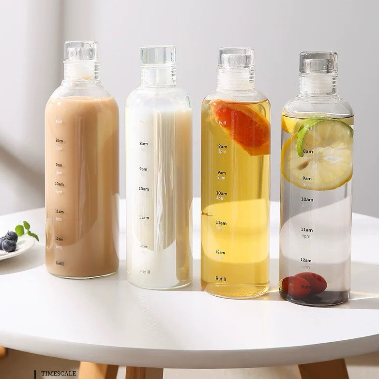 ขวดน้ำแก้วใส แบบพกพา 500 ml ขวดแก้ว + ฝา มีขีดแบ่งเวลาดื่มน้ำ ไม่รั่ว