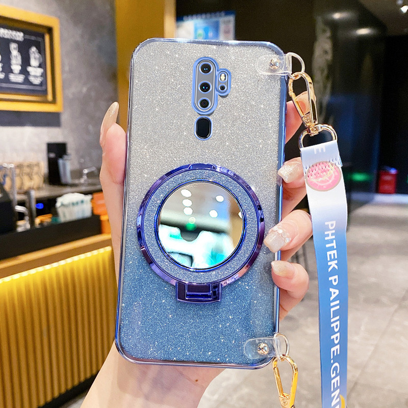 ปลอกสําหรับoppo A9 A5 2020 F11 F9 Pro A11X A52 A92 วงกลมกระจกขาตั้งGlitter PowderยาวเชือกแขวนAnti Dropโปร่งใสเคสโทรศัพท์