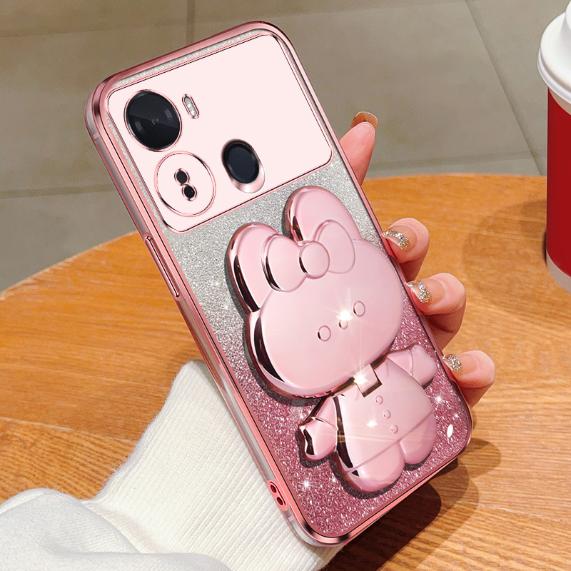 โทรศัพท์กลับสําหรับ Infinix Itel P40 Luxury Gradient Glitter แต่งหน้ากระจกกระต่ายพับซิลิโคน Itel P40