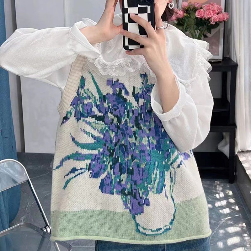 ภาพวาดสีน้ํามันถักเสื้อกั๊กตกใหม่ย้อนยุคหลวมเสื้อกั๊กผู้หญิงเสื้อถักแนวโน้ม