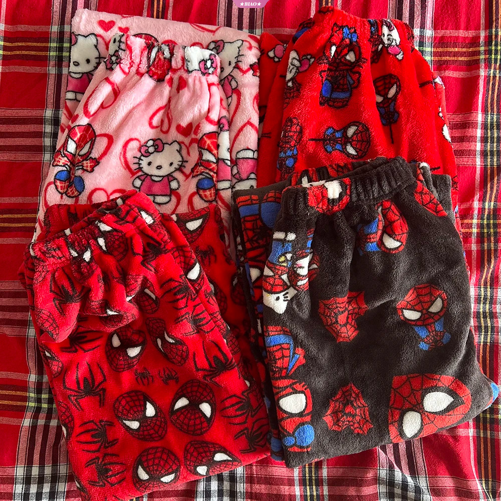 Sanrio Spider Man Hello Kitty Y2k Kawaii Anime Flannel ชุดนอนผู้หญิงขนสัตว์อบอุ่นการ์ตูนสบายๆกางเกงฤดูใบไม้ร่วงฤดูหนาวแฟชั่นกางเกง