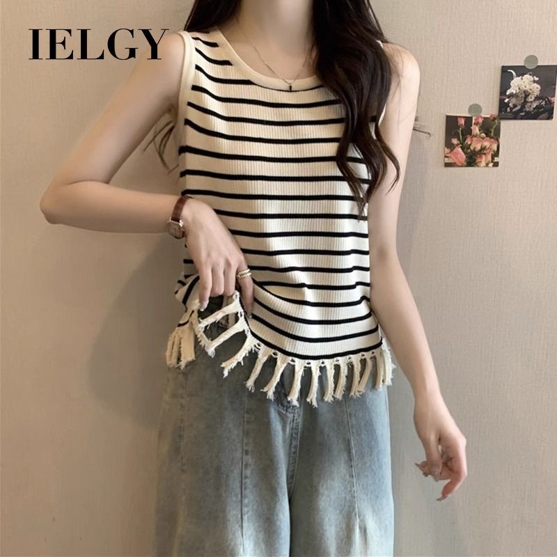 IELGY พู่ถักเสื้อกั๊กรอบคอลายเสื้อชั้นในสตรีขนาดเล็กแขนกุดสลิมฟิตเสื้อนอกด้านบนสําหรับผู้หญิง